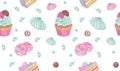 Seamless pattern with cupcakes, desserts, zephir. Watercolor hand drawn illustration