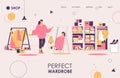 Perfect wardrobe concept landing page banner template. Vector female character looking at the mirror in oversize hoodie