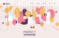 Perfect wardrobe vector banner template. Outline drawing style, women casual and formal clothes and bags on hangers. Pink and