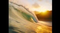 The perfect wave for surfing. Crystalline waters. Waves at sunset in a paradise beach. Waves, sun and palm trees. Royalty Free Stock Photo