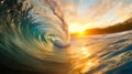 The perfect wave for surfing. Crystalline waters. Waves at sunset in a paradise beach. Waves, sun and palm trees. Royalty Free Stock Photo