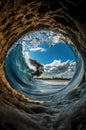 Surfing Through a Wave Tunnel, Ocean Barrel View with Tropical Beach Background Royalty Free Stock Photo