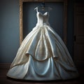 The perfect wedding dress with a full skirt on a hanger