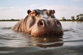 Big hippopotamus wallowing in water.