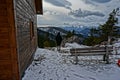 Perfect winter hiking day: Beautiful sporty hiker woman ejoys view from vista Point Kleine Kanzel at Hohe Wand Mountain in Lower A Royalty Free Stock Photo