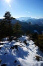 Perfect winter hiking day: Beautiful view from vista Point Kleine Kanzel at Hohe Wand Mountain in Lower Austria Royalty Free Stock Photo