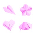 Spring pink set of origami elements: pig, heart, sakura flower and plane. In vector. Isolated Royalty Free Stock Photo