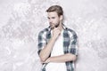 perfect for you. macho man grunge background. male fashion summer trends. confident man checkered shirt. unshaven man Royalty Free Stock Photo