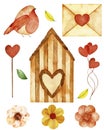 Watercolor elements. Collection included leaves and branches, birdhouse, bird, hearts.