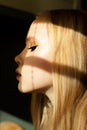 Perfect young woman with makeup on sun ligth and shadows, beautiful profile Royalty Free Stock Photo