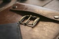 Close up of brown leather handmade handbag with bronze clasp on wooden table Royalty Free Stock Photo