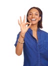 Perfection makes me smile. An attractive young woman giving you the a-okay sign while isolated on white.