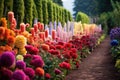 perfectly arranged, colorful rows of flowers in a garden