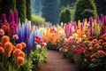 perfectly arranged, colorful rows of flowers in a garden