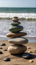 Zen Stone Stack on Sandy Beach with Ocean Background Royalty Free Stock Photo