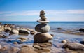 Perfectly balanced rocks standing in delicate equilibrium at the beautiful beach. AI Generated