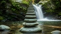Zen Stone Stack Near Waterfall in Lush Green Forest - Serene Nature Landscape Royalty Free Stock Photo