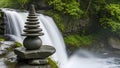 Zen Stone Stacking Cairn Beside Cascading Waterfall in Lush Green Forest Royalty Free Stock Photo