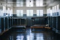 Perfectly clean prison cell metal bunk beds, sitting benches, and wall lockers Royalty Free Stock Photo