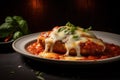 A perfectly cooked and breaded chicken cutlet smothered in tomato sauce and melted cheese, highlighting the classic Italian dish.