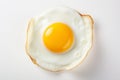 Perfectly cooked fried egg with golden yolk on white background, top view perspective