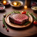 A Perfectly Cooked Steak on wooden table.