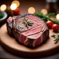 A Perfectly Cooked Steak on wooden table.