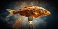 Perfectly Crispy DeepFried Whole Fish A Culinary Masterpiece on a Fork Against a Dramatic Dark Background Experience Royalty Free Stock Photo