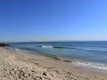 A perfectly flat horizon of the calm sea without waves and clear skies, the background of natural tranquillity. summer trip