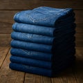 A perfectly folded stack of new blue jeans with varying denim shades and visible stitching rests on a rustic wooden surface Royalty Free Stock Photo