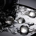 Perfectly Formed Ice Spheres on a Glossy Black Surface with Water Droplets Royalty Free Stock Photo
