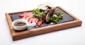 Perfectly fried or grilled steak. Sliced Beef steak , served wit