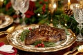 A perfectly grilled piece of steak served on a plate placed on a table, A festive holiday table featuring a beautifully seared T-