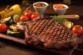 perfectly grilled t-bone steak with a side of grilled veggies