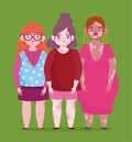 Perfectly imperfect, cartoon female group with vitiligo, freckles, problem skin