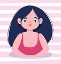 Perfectly imperfect, cartoon woman with freckles on her chest, stripes background