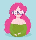 Perfectly imperfect, cartoon woman with glasses and freckles, self confident,