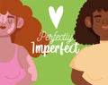 Perfectly imperfect, cartoon women with vitiligo and freckles characters