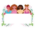 Perfectly imperfect, diverse group women, blank banner and floral decoration