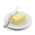 Rectangular Block of Butter on a White Plate with a Silver Knife dairy product food Royalty Free Stock Photo