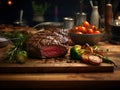 A perfectly seared beefsteak served with roasted vegetables on a table, Generative AI