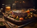 A perfectly seared beefsteak served with roasted vegetables on a table, Generative AI