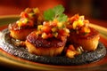 Seared Scallops with Vibrant Fruit Salsa and PurÃÂ©e Royalty Free Stock Photo
