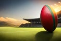 A perfectly set rugby ball on the tee, ready for a kickoff at the start of a thrilling match Royalty Free Stock Photo