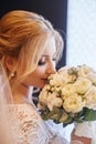 PerfePerfect wedding day of woman bride, portrait of girl in white wedding dress in Bridal veil. Morning of the bride waiting Royalty Free Stock Photo