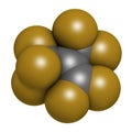 Perfluoroisobutene fluorocarbon molecule. 3D rendering. Atoms are represented as spheres with conventional color coding: carbon