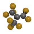 Perfluoroisobutene fluorocarbon molecule. 3D rendering. Atoms are represented as spheres with conventional color coding: carbon