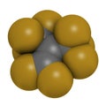 Perfluoroisobutene fluorocarbon molecule. 3D rendering. Atoms are represented as spheres with conventional color coding: carbon
