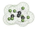 Perfluoroisobutene fluorocarbon molecule. 3D rendering.