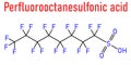 Perfluorooctanesulfonic acid or perfluorooctane sulfonate, PFOS, Skeletal chemical formula.